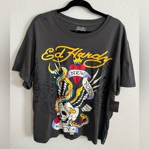Ed Hardy SS T-Shirt Mens XXL Charcoal/ New York City Tattoo Skull Eagle